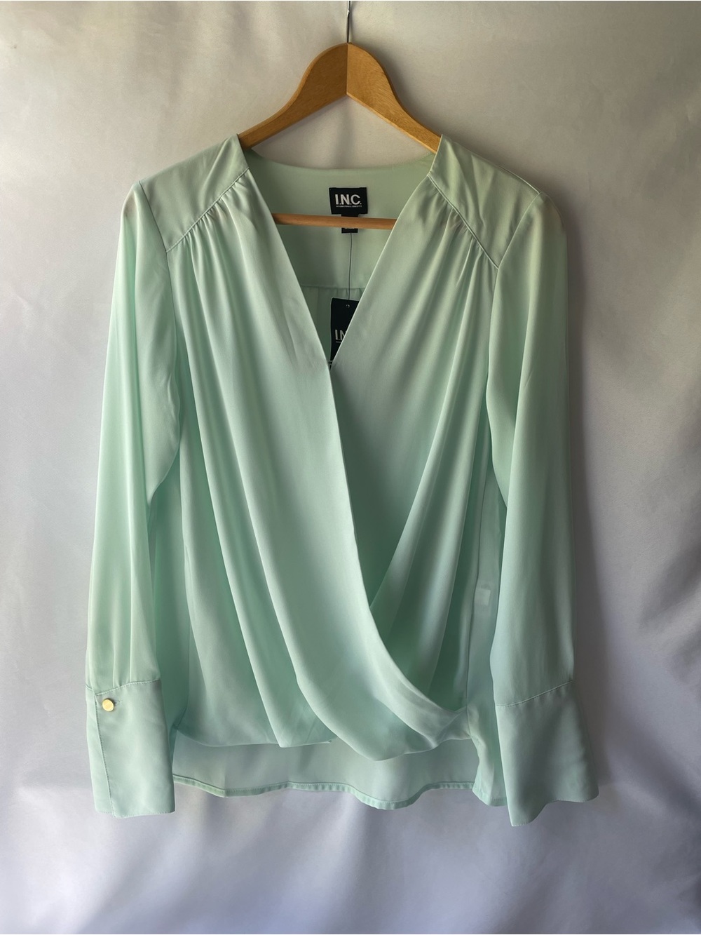 INC International Concepts Mint Green Draped Surplice Blouse